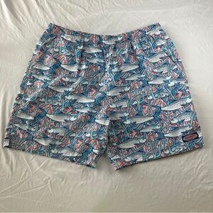 Vineyard Vines Mens Pink Blue Swim Trunks XL Salmon Mesh Lined 7” Inseam - 286